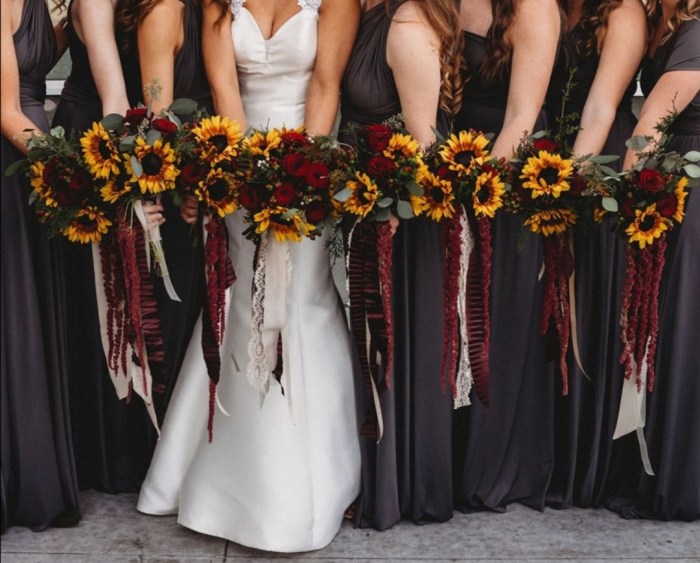 Sunflowers burgundy maroon bridesmaid kissthebride bridesmaids kickstand themed themes